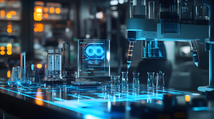 Poster - A 70s-inspired AI tech lab with glowing 3D-rendered tools and 2D holographic projections of research data. 4k resolution, Cinematic Scene