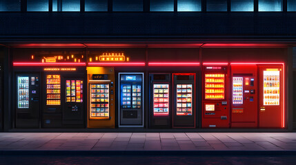 Poster - A nostalgic urban street scene with AI-powered vending machines, rendered in 3D and enhanced with 2D neon graphics. 4k resolution, Cinematic Scene