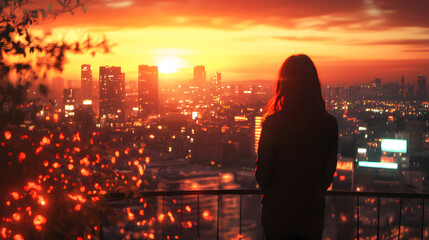 Poster - A woman standing on a balcony overlooking a cityscape at sunset, the urban skyline bathed in warm light. 4k resolution, Cinematic Scene