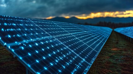 Modern solar panel array illuminated by holographic technology at sunset in a rural setting