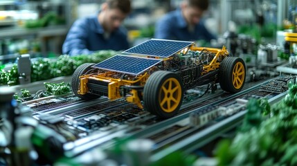 Poster - engineer and technician collaborate on solar-powered vehicle prototype in advanced workshop