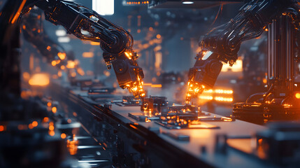 Poster - A futuristic assembly line with robotic arms working on glowing metallic components, surrounded by ethereal lights and abstract details. 4k resolution, cinematic scene