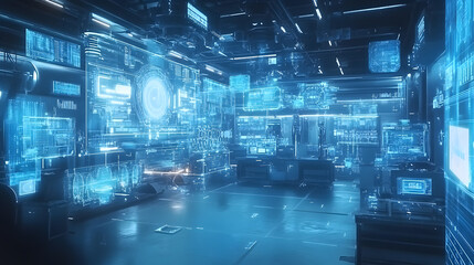 Poster - A dreamlike digital factory interior with floating machinery, layered holographic displays, and an otherworldly glow. 4k resolution, cinematic scene