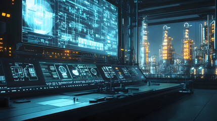 Aufkleber - A conceptual rendering of a futuristic refinery with holographic control panels and a surreal, ethereal glow. 4k resolution, cinematic scene