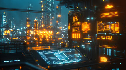 Aufkleber - A conceptual rendering of a futuristic refinery with holographic control panels and a surreal, ethereal glow. 4k resolution, cinematic scene