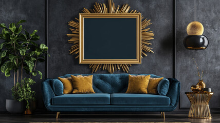 Wall Mural - mockup of a modern living room with a blank wooden picture frame on the wall