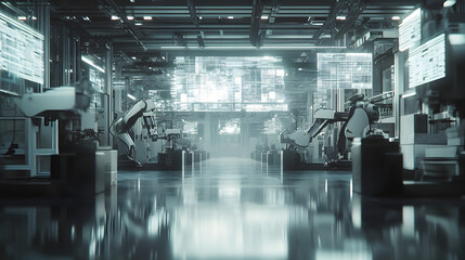 Poster - An automated production line in a futuristic setting, with robotic precision and conceptual holographic overlays. 4k resolution, cinematic scene