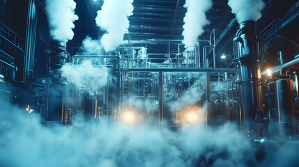 Aufkleber - A surreal factory interior with intricate machinery, glowing vapor trails, and abstract digital details. 4k resolution, cinematic scene