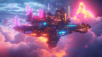 Poster - A futuristic industrial platform hovering in the sky, surrounded by digital clouds and bright neon lights. 4k resolution, cinematic scene