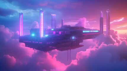 Poster - A futuristic industrial platform hovering in the sky, surrounded by digital clouds and bright neon lights. 4k resolution, cinematic scene