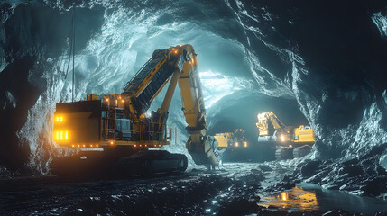 Poster - A sci-fi inspired mining operation with luminous, robotic drills working on glowing mineral deposits in a surreal environment. 4k resolution, cinematic scene