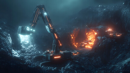 Poster - A sci-fi inspired mining operation with luminous, robotic drills working on glowing mineral deposits in a surreal environment. 4k resolution, cinematic scene