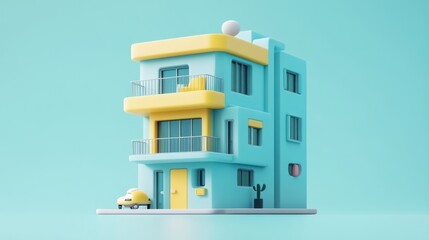 Poster - A colorful, stylized building with a car and a cactus, set against a light blue background.