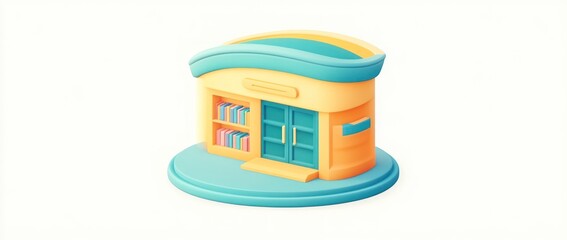 Poster - A colorful, stylized building resembling a library or bookstore with shelves and a welcoming entrance.