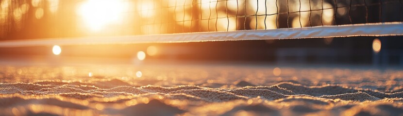 Poster - A serene sunset view of a beach volleyball court with sand and net in focus.