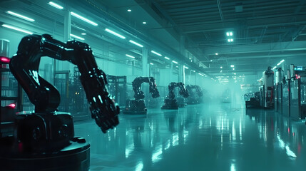 Poster - A glowing factory floor with sleek, futuristic robots and abstract, dreamlike lighting effects. 4k resolution, cinematic scene