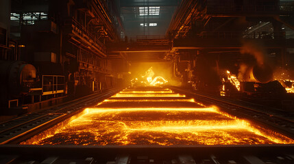 Poster - A hyper-futuristic steel mill with vibrant molten metal flows and abstract, glowing machinery. 4k resolution, cinematic scene