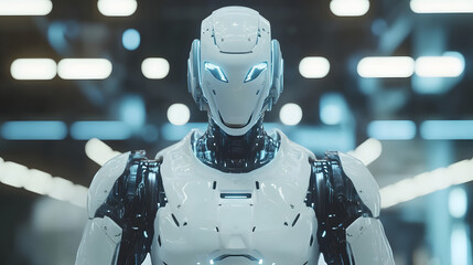 Poster - A hyper-detailed depiction of a futuristic industrial robot in a glowing factory environment. 4k resolution, cinematic scene