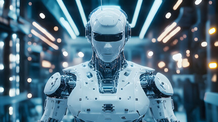Poster - A hyper-detailed depiction of a futuristic industrial robot in a glowing factory environment. 4k resolution, cinematic scene