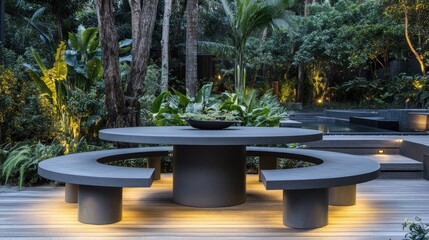 Fototapete - A modern outdoor seating area surrounded by lush greenery and ambient lighting.