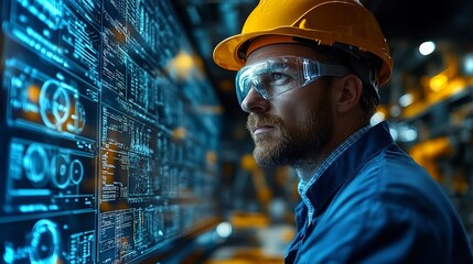 Poster - Engineer analyzing data in high-tech workspace during evening hours