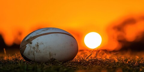 Poster - A rugby ball resting on grass with a vibrant sunset in the background.