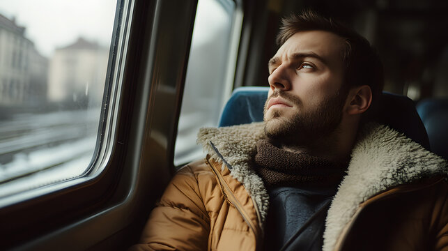 A man sitting in an empty train car, staring out the window, his expression contemplative and reflective. 4k resolution, Cinematic Scene