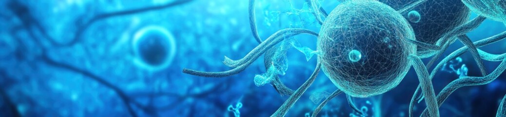 Poster - Close-up view of cells in a blue digital environment, showcasing biological structures.