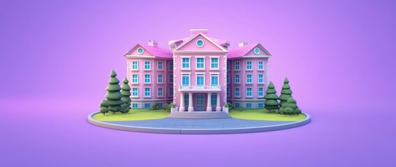 Poster - A colorful 3D model of a mansion with trees, set against a purple background.