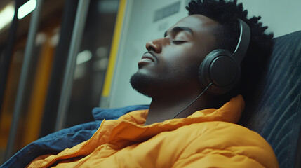 Poster - A man sitting in a subway car with headphones on, his candid pose and expression showing relaxation. 4k resolution, Cinematic Scene