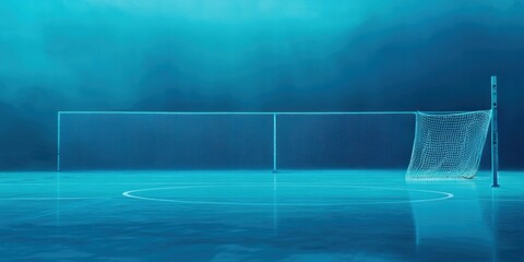 Poster - A minimalist image of a soccer goal on a reflective surface in a blue-toned atmosphere.