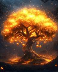Wall Mural - Illuminated golden tree with glowing apples in a mystical forest setting.