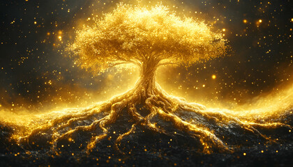 illuminated golden tree of life with glowing roots.
