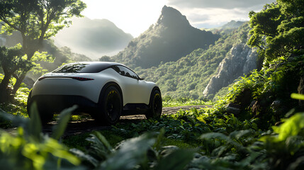 Fototapete - An electric car driving along a scenic mountain road, framed by lush greenery and sharp, earthy details. Cinematic Scene, 4k resolution, cinematic scene