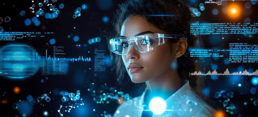 Poster - futuristic scientific data analysis with immersive technology and holographic interface