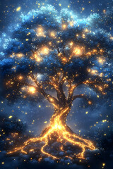 Wall Mural - Magical glowing tree with luminous roots in a starry night.