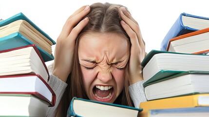 frustrated student overwhelmed by books and stress during study time.