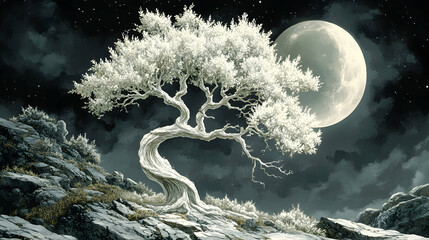 Wall Mural - Majestic, ancient, white tree on a moonlit mountaintop.