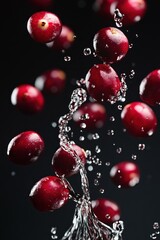 Aufkleber - Fresh red berries splashing in water against a dark background, showcasing vibrant colors.