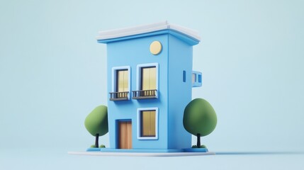 Poster - A stylized blue house model with trees, showcasing a modern architectural design.
