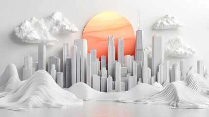 Poster - 3D Chicago skyline with white material, abstract mountains, and sunset. scene features vibrant orange sun setting behind tall skyscrapers, creating serene atmosphere