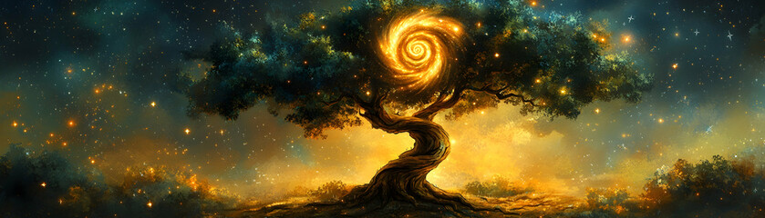 Wall Mural - Mystical tree with glowing spiral at night.