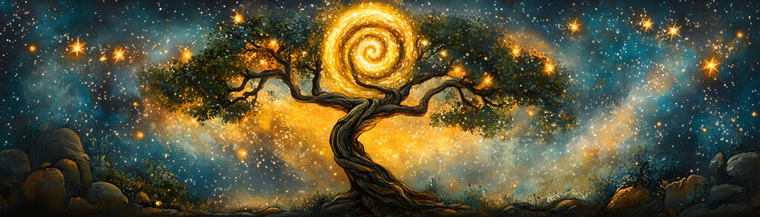 Wall Mural - Mystical tree of light in a starry night sky.