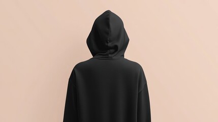 A person wearing a black hoodie, viewed from the back, against a neutral background.