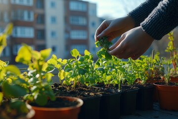 Wall Mural - Hands harvesting fresh herbs from balcony garden under sunlight