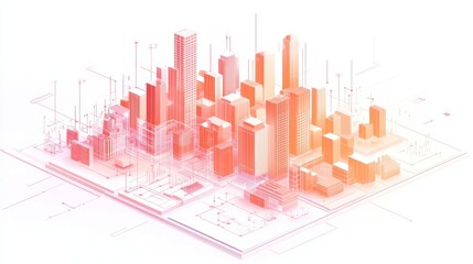 Aufkleber - A stylized 3D cityscape with buildings and structures in gradient colors.