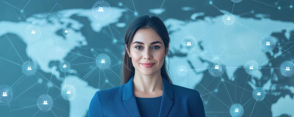 Poster - A confident businesswoman stands in front of a digital world map, symbolizing global connectivity and innovation in technology.