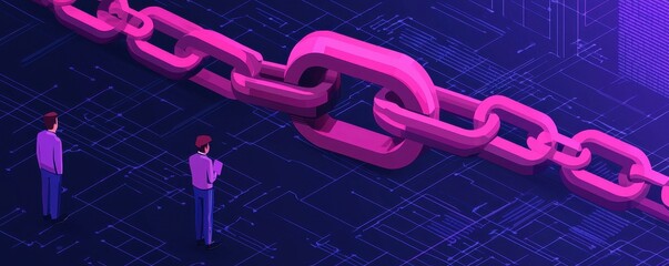 Poster - Two figures face a large, vibrant pink chain in a digital landscape, symbolizing connection and security in technology.