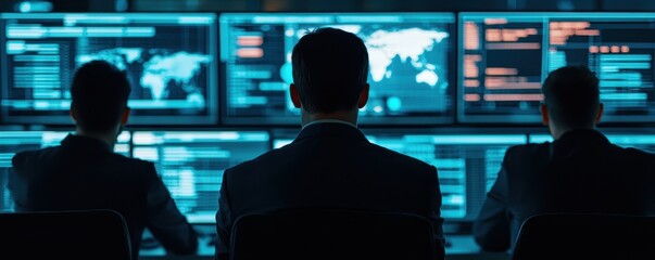 Poster - A high-tech control room with individuals monitoring multiple screens displaying data and maps, emphasizing cybersecurity and analysis.
