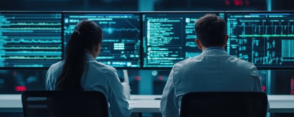 Poster - Two professionals analyze data on multiple screens in a high-tech workspace, focused on coding and digital information.
